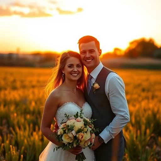 Casamento à luz do pôr do sol, com noivos sorrindo no campo