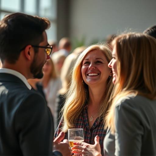 Evento corporativo com fotos espontâneas, pessoas conversando e rindo